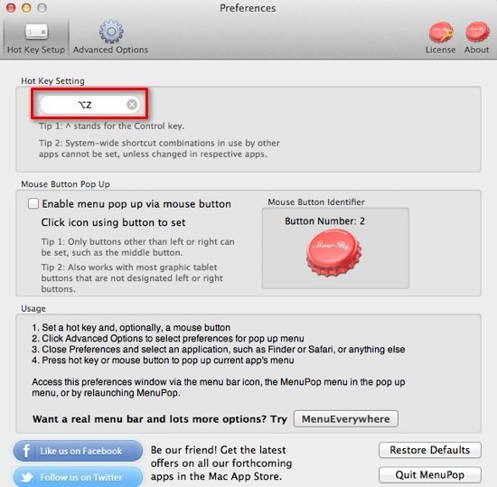 MenuPop Settings Screenshot