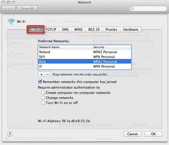 default mac wifi settings