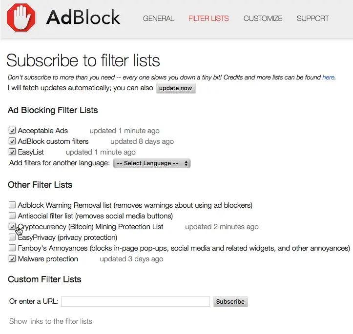 adblock cryptocurrency mining protection list not working