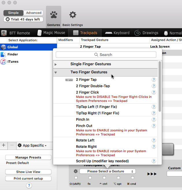 bettertouchtool select a trackpad gesture 4